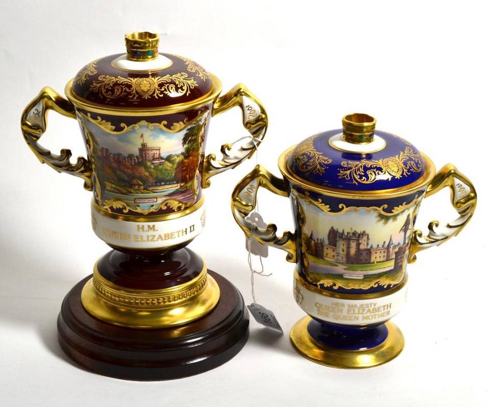 Lot 166 - Two Aynsley twin handled cups and covers commemorating Queen Elizabeth, The Queen Mother