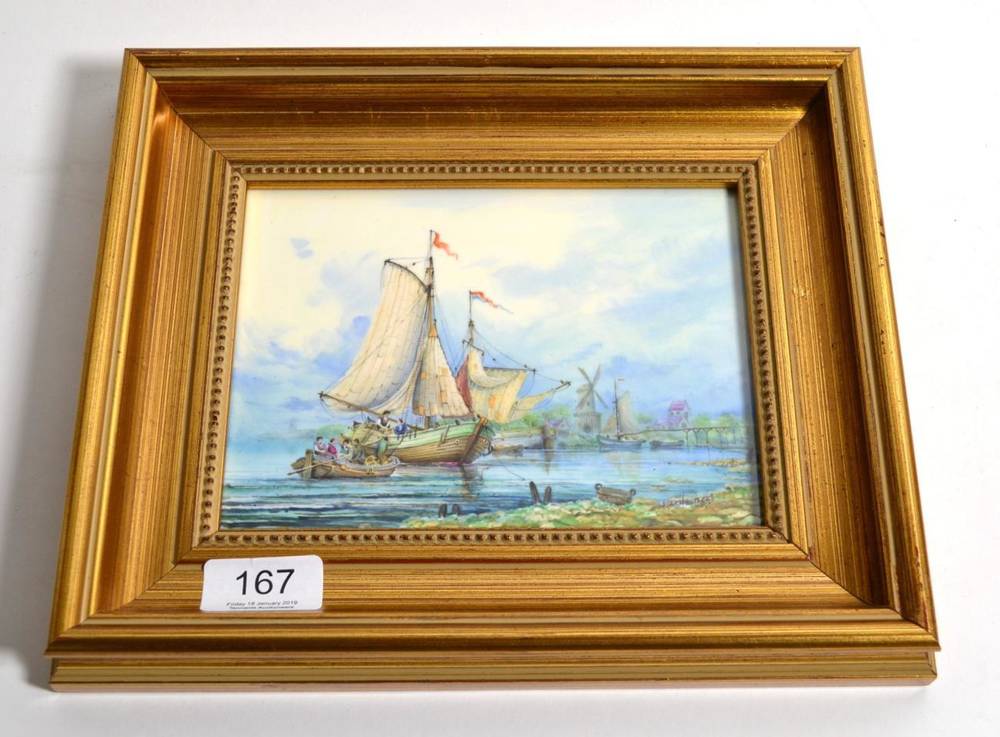 Lot 167 - Stephen Nowacki porcelain plaque, painted with ships, signed