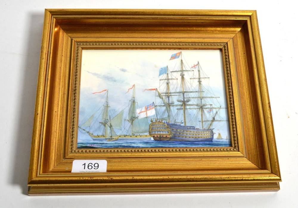 Lot 169 - Stephen Nowacki porcelain plaque, painted with ships, signed