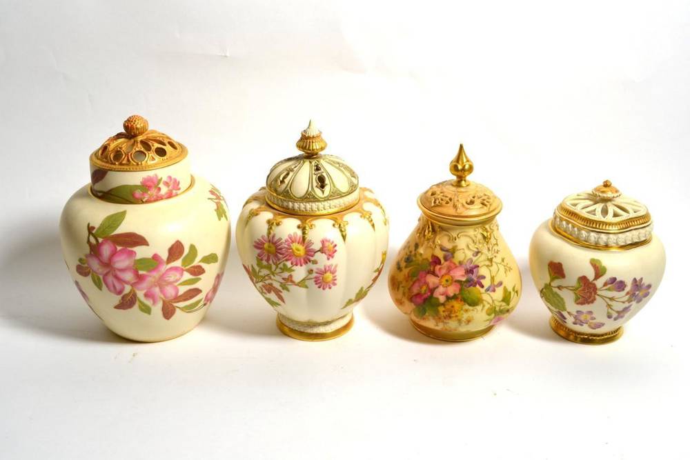 Lot 173 - Four Royal Worcester blush ivory pot-pourri vases and covers (a.f)