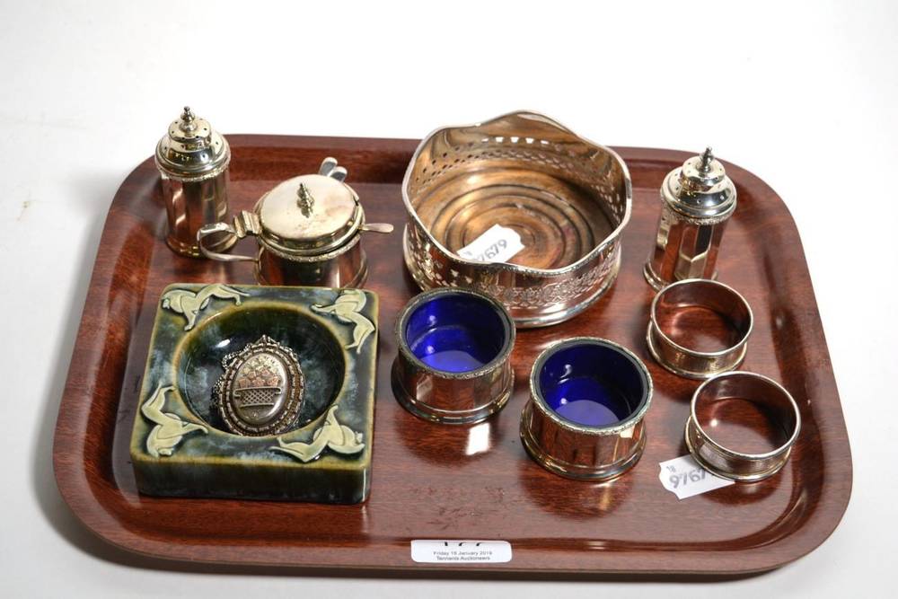 Lot 177 - A five piece silver condiment set, the salts and mustard with blue glass liners, two silver...