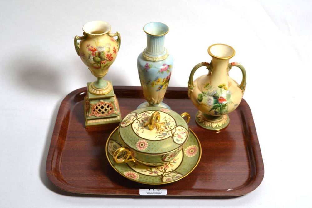 Lot 179 - A Royal Worcester green gilt and blush ivory cup, cover and saucer decorated with floral...