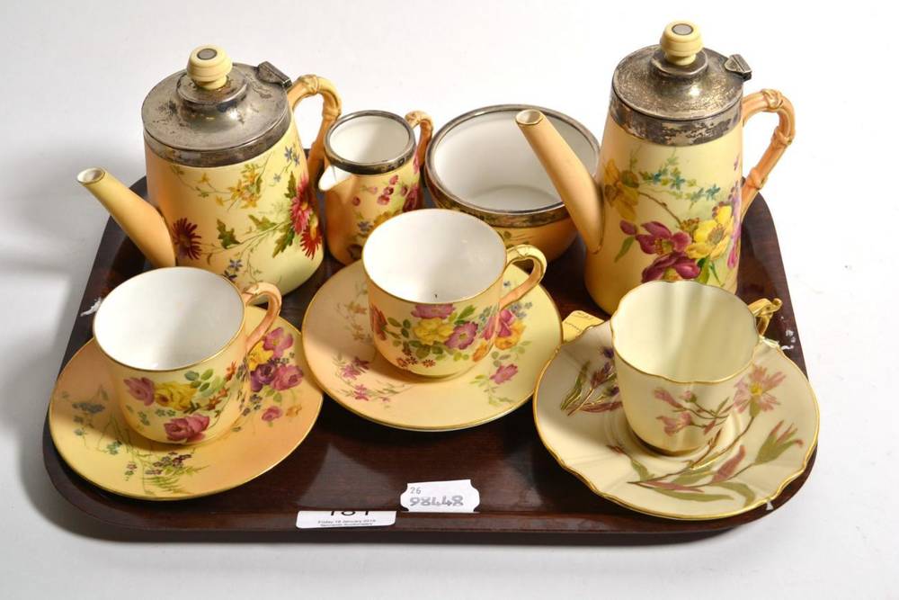 Lot 181 - A group of Royal Worcester blush ivory tea wares comprising a small tea pot, coffee pot, cream...