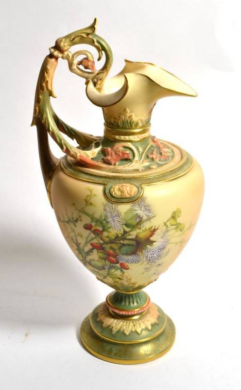 Lot 197 - A Royal Worcester blush ivory ewer with acanthus leaf handle decorated with floral sprays,...