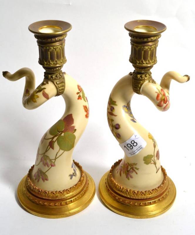 Lot 198 - Pair of Worcester 1056 blush ivory candlesticks