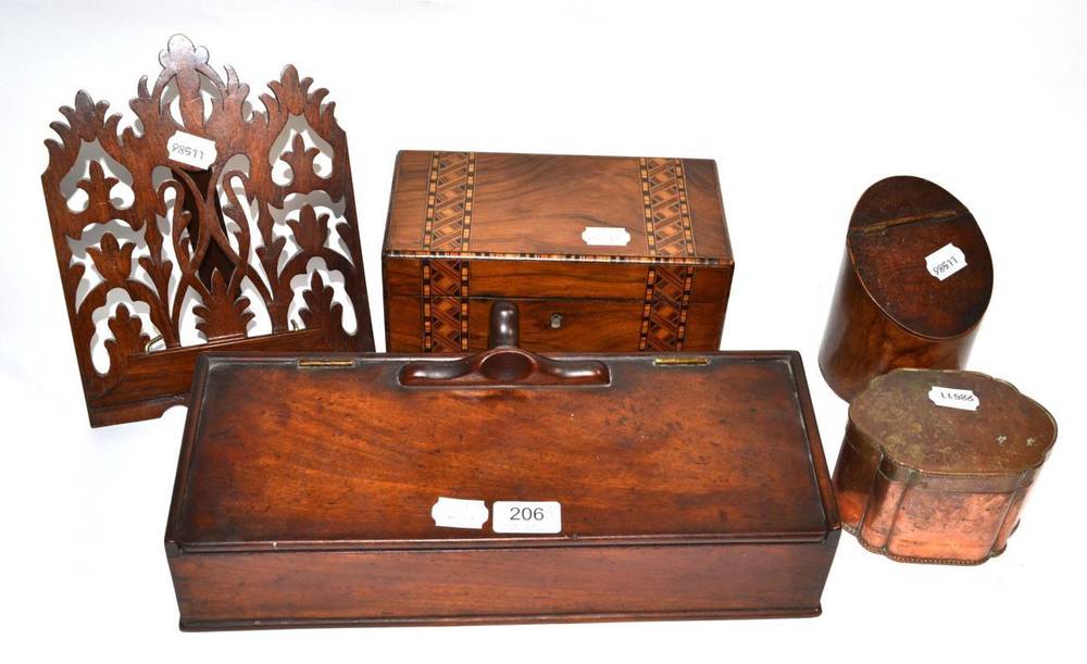 Lot 206 - A George III mahogany cylindrical caddy; a mahogany handled spice box of similar date; a 19th...