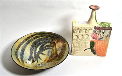 Lot 207 - Square ceramic bottle by Gilbert Portanier 1985 and a Chelsea pottery bird dish