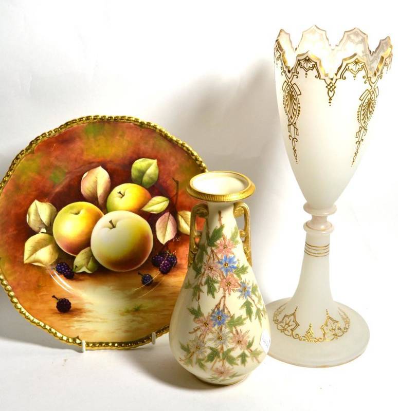 Lot 210 - A Victorian gilt decorated opaque glass stem vase, together with a blush ivory twin handled...