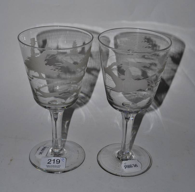 Lot 219 - A pair of Victorian etched glass wines decorated with matching hunting scenes