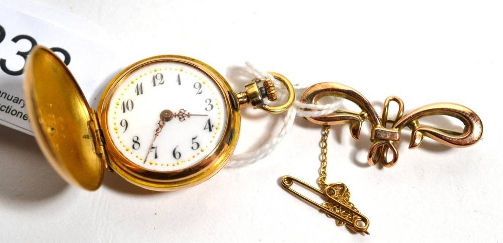 Lot 233 - A lady's fob watch, case stamped 14k/0.585 and inscribed Medaille D'or Bordeaux 1907, and a 9ct...