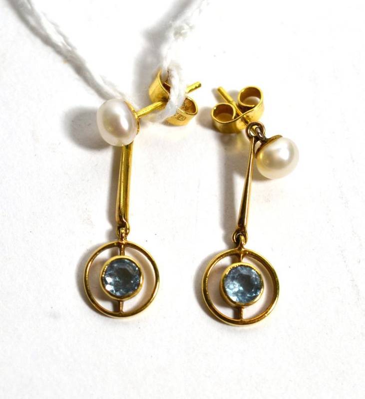 Lot 237 - A pair of 18ct gold aquamarine and pearl drop earrings