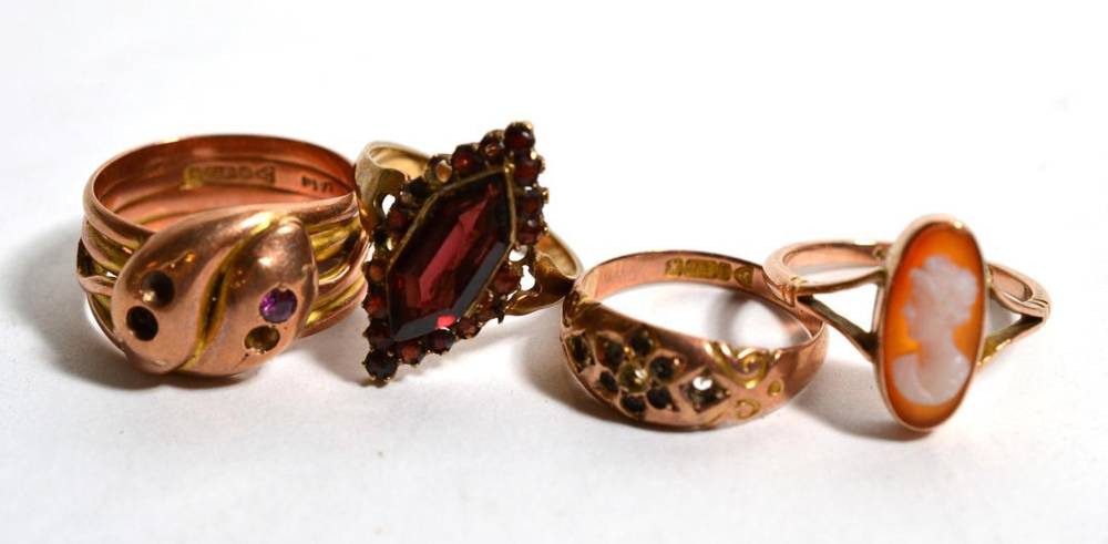 Lot 241 - A Victorian garnet 9ct gold ring (a.f), a Victorian 9ct gold ring (a.f), a gents 9ct gold ring,...
