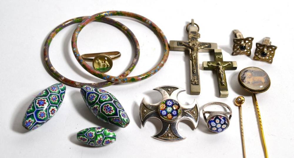 Lot 254 - Miscellaneous jewellery including stick pins, bangles, crucifixes, glass beads etc