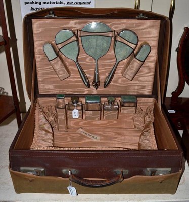 Lot 273 - A leather travelling case with silver and shagreen mounted fittings, marks of Lanson Ltd,...