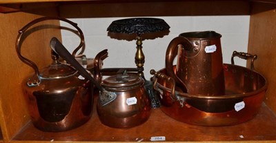 Lot 284 - A group of copper including twin-handled pan; jug; two iron handled lidded pans and kettle