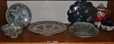 Lot 293 - Five various celadon famille rose dishes, seal marks; two censers, a scalloped cloisonne dish,...