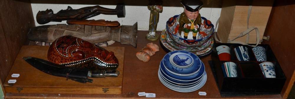 Lot 295 - Japanese ceramics, Royal Copenhagen plates, carving set (lacking fork), modern tribal masks etc