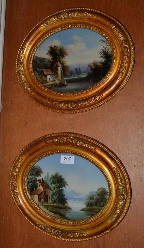 Lot 297 - A pair of reverse glass paintings, depicting river scenes