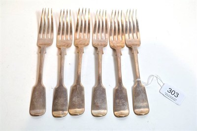 Lot 303 - A set of six Victorian provincial silver fiddle pattern table forks, Josiah Williams & Co,...