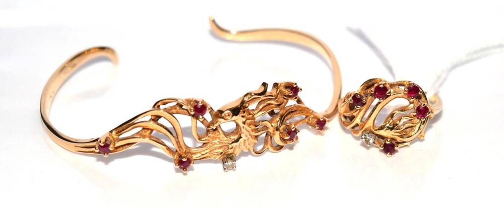 Lot 308 - A Faberge firebird bangle and matching ring (2)