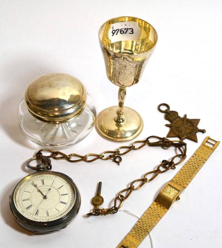 Lot 311 - A silver chronograph pocket watch, silver small chalice cup, silver top dressing table jar and...