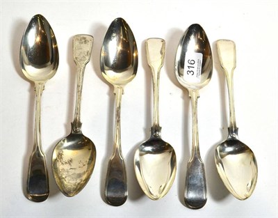 Lot 316 - A set of six George III silver single struck fiddle and thread pattern table spoons, Peter &...