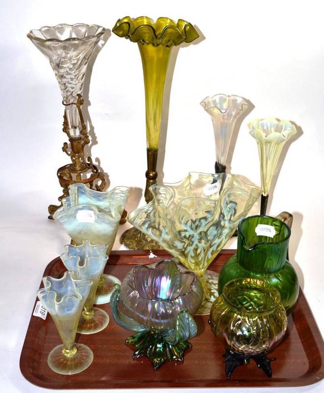 Lot 319 - Four Victorian epergnes, vaseline and lustre glass