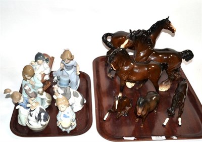 Lot 324 - A group of Beswick horses, brown gloss; together with a group of Lladro and Nao figures and animals