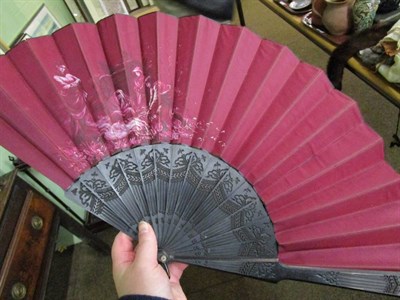 Lot 353 - Assorted fans (some a.f), pair of grey fur and leather gloves, fur collar, baby clothes etc