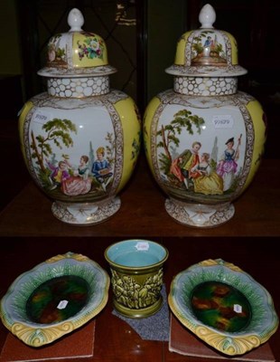 Lot 361 - A Sarreguemines majolica tobacco jar lacking cover together with a pair of oval majolica dishes and