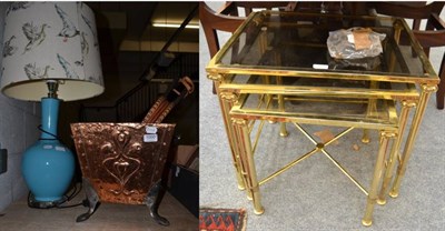 Lot 1000 - Art Nouveau copper coal bin; a nest of three brass and glass tables; wooden bellows; and a blue...