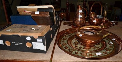 Lot 1003 - A group of copper including a Royal Mail horn, trays etc; together with cased plated flatware; LPs