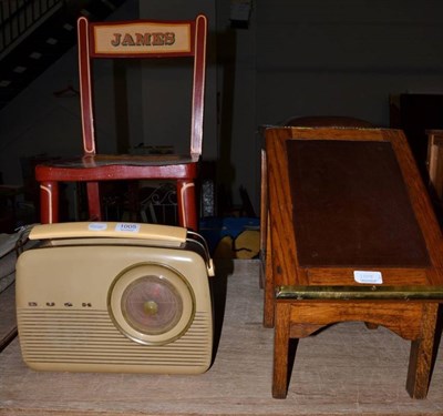 Lot 1005 - An oak shoe shine box to Lobb of London, a painted child's chair ''James'' and a Bush radio