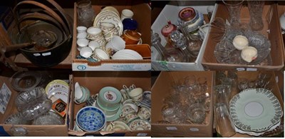 Lot 1013 - Seventeen boxes of assorted household ceramics and glass including blue and white wares, dinner...