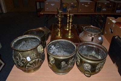 Lot 1025 - Four brass jardinieres, 19th century candlesticks, tea caddy, writing slope etc