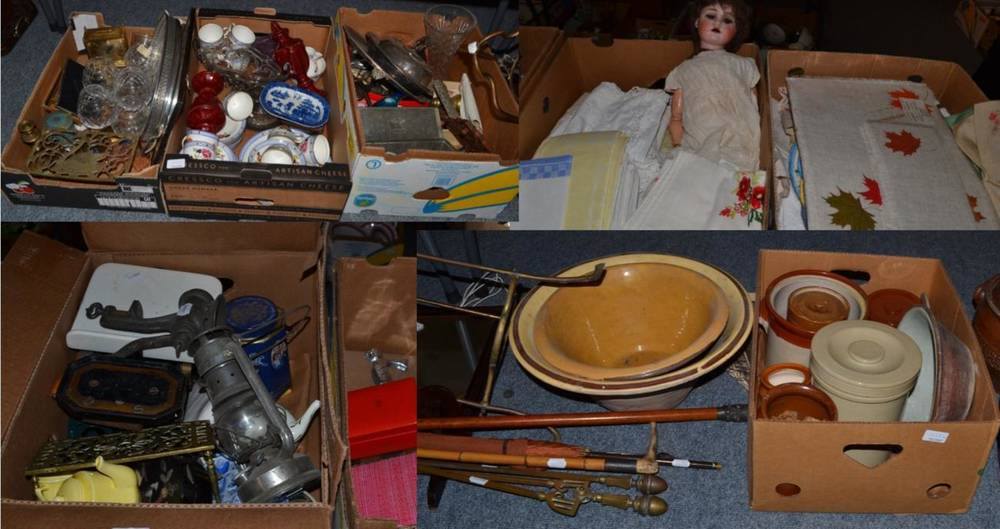 Lot 1027 - Fourteen boxes of items including textiles, earthenware, teawares, dinnerwares, FH Ayres The...