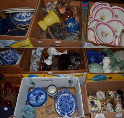 Lot 1028 - Sixteen boxes of ceramics and glass including Royal Copenhagen Christmas plates, blue and white...