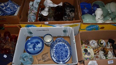 Lot 1028 - Sixteen boxes of ceramics and glass including Royal Copenhagen Christmas plates, blue and white...