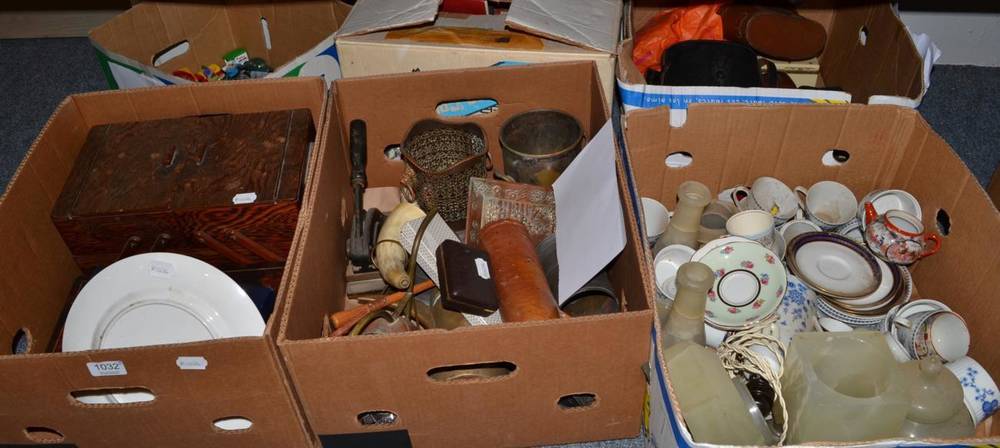 Lot 1032 - Seven boxes of assorted items including silver plate, ceramics, cameras, play worn vehicles etc.