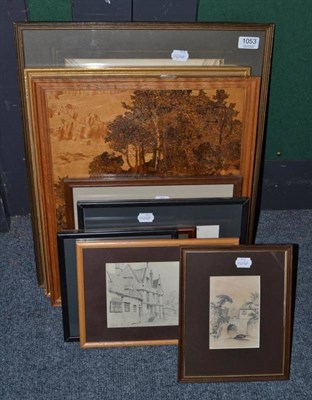 Lot 1053 - A marquetry panel depicting a woodland scene, together with a quantity of pencil works by...