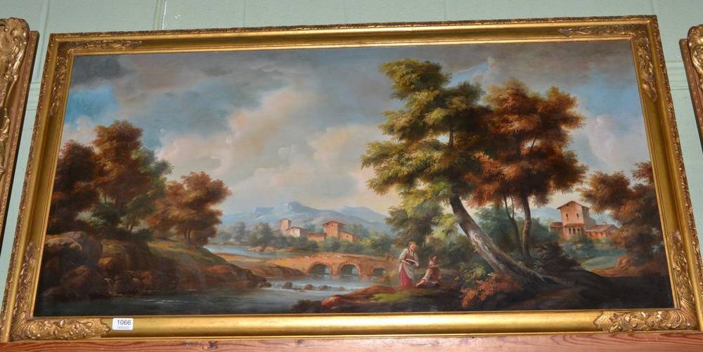 Lot 1066 - Continental School (19th century), Figures before a village, oil on canvas, 59cm by 117cm
