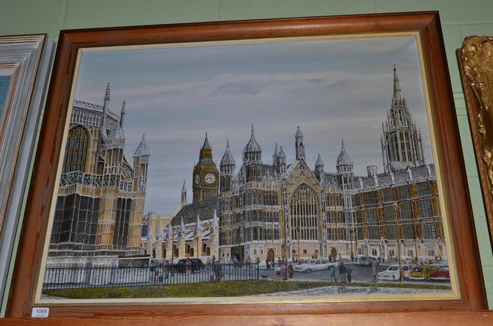 Lot 1068 - Michael T Shepperson, Houses of Parliament and Westminster Abbey, signed and dated 1979, oil on...