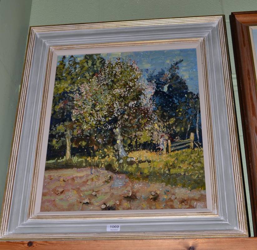 Lot 1069 - Geoffrey Chatten (b.1938) Figures in an orchard, signed, oil on board, 59cm by 49cm