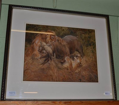 Lot 1073 - Raymond John Vandenbergh (Early 20th century), lioness attacking a Buffalo, signed and dated...