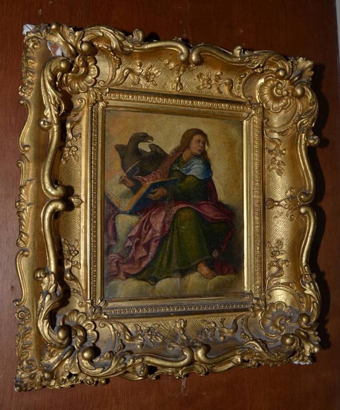 Lot 1084 - St John the Evangelist, oil on panel, 16cm by 13.5cm