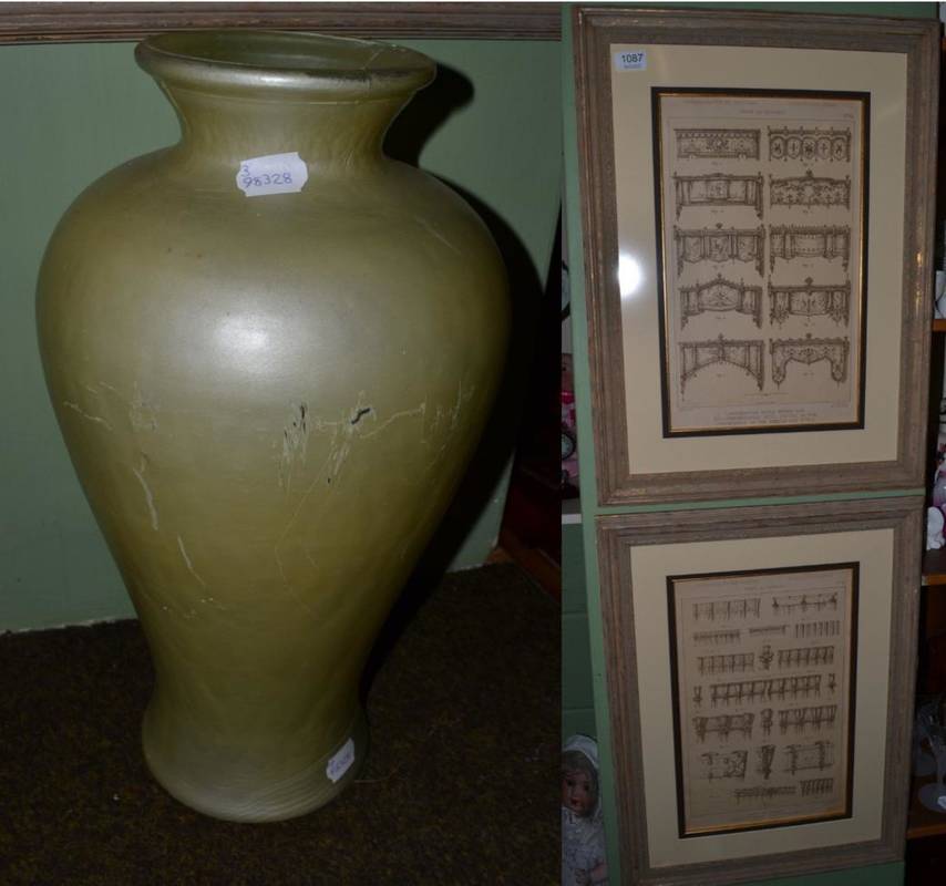 Lot 1087 - Two prints depicting architectural pelmets, and a large coloured glass vase (3)