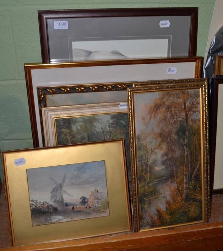 Lot 1096 - Four landscape oils and two watercolours, together with a print after Breman of an elephant