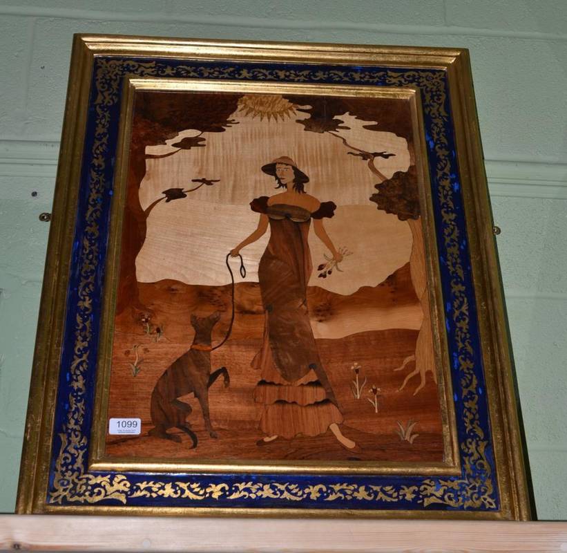 Lot 1099 - A marquetry panel of lady with a greyhound, with painted decorative frame