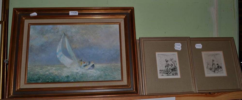 Lot 1106 - Yachting oil on canvas by Jacques Monteillet ''La Regate'' and six small etchings by...