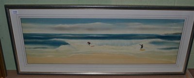 Lot 1109 - Colin Duffield (Contemporary) Two figures surfing, signed, oil on board